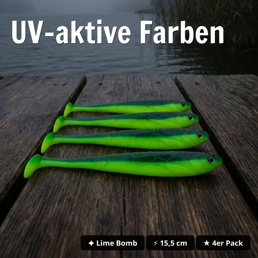 Inzite Shad Lime Bomb Gummifisch 15,5 cm – 4 Stück – UV-aktiv für Zander & Hecht - UV-aktive Farben