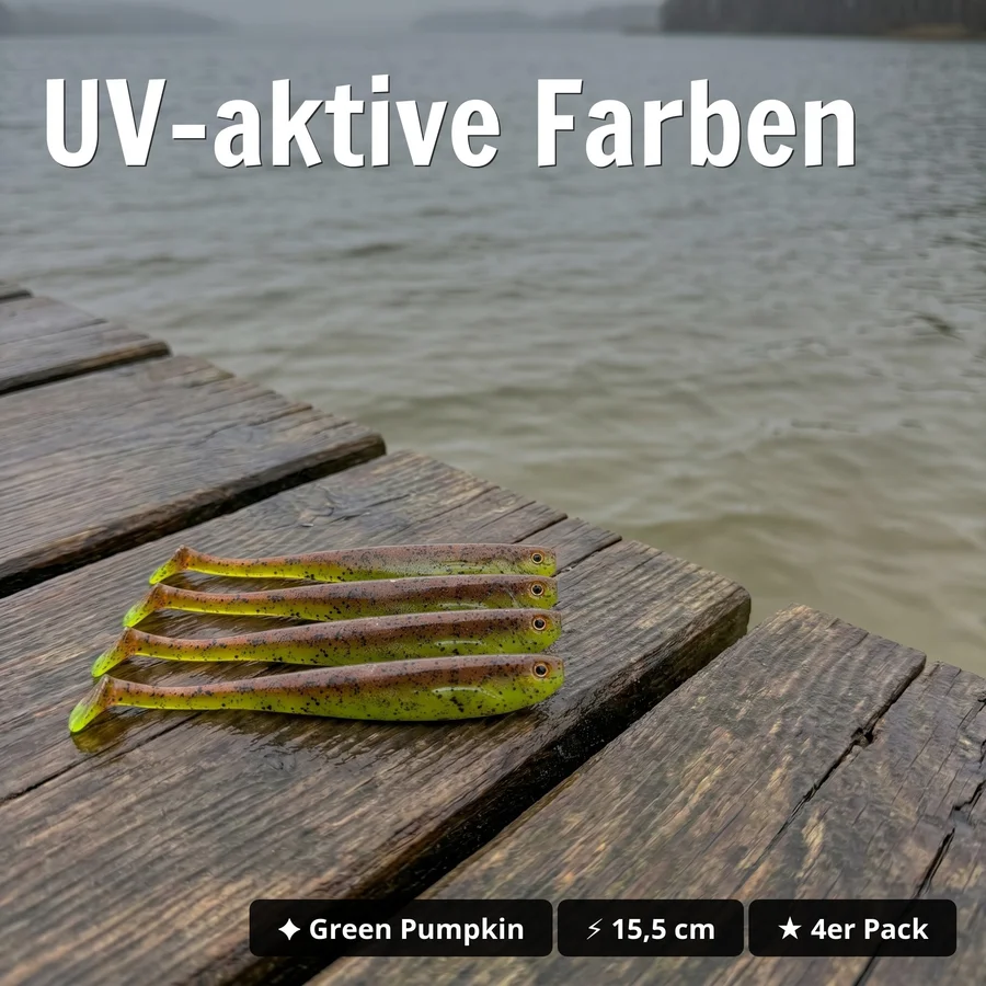 Inzite Shad Green Pumpkin 15,5 cm Gummifisch – UV-aktiv für Zander & Hecht – 4 Stück - UV-aktive Farben