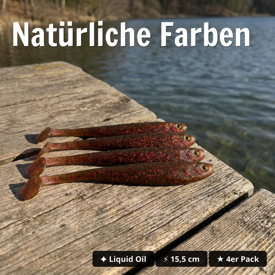 Zite Fishing Inzite Shad Liquid Oil 15,5 cm – Gummifisch für Zander & Hecht 4 Stück - Natürliche Farben