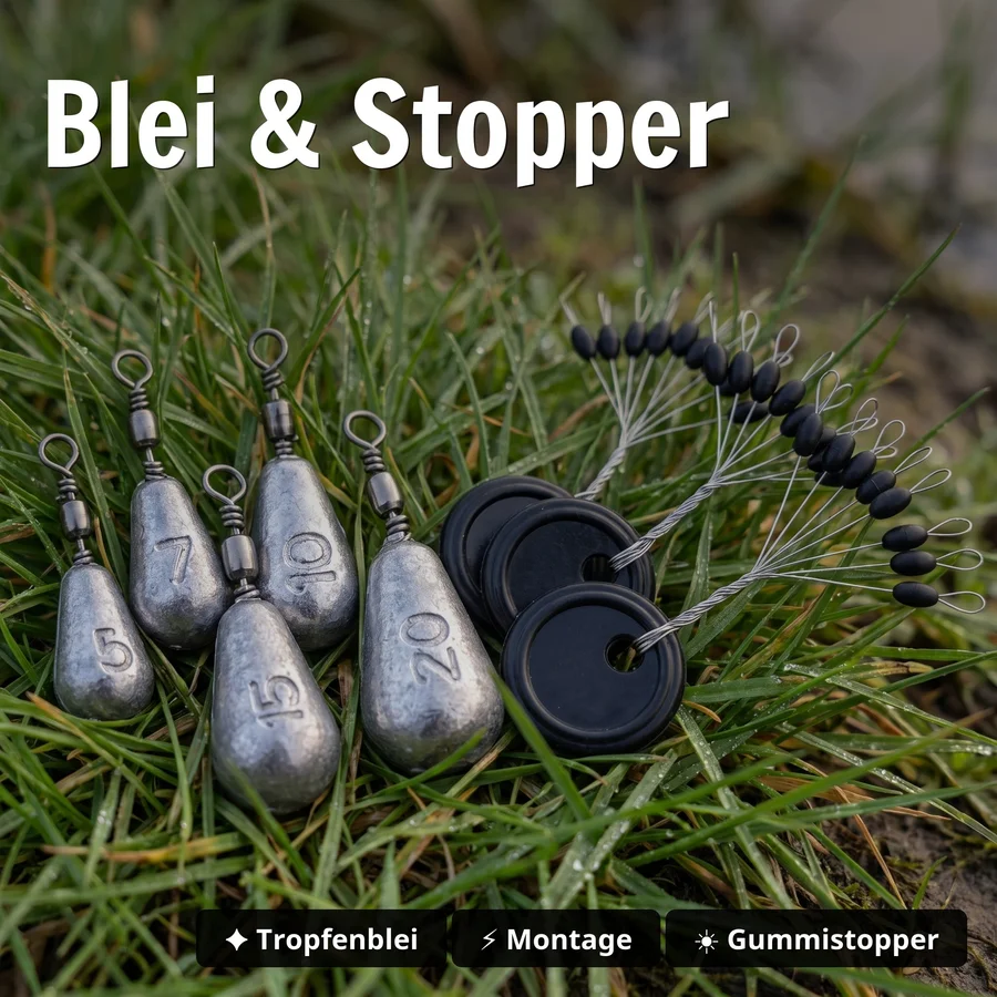 Free Rig Bundle mit Off-Set Haken sowie Tropfenblei Sortiment, Stopper & Schnüre für Barsch & Zander Angeln - Blei & Stopper