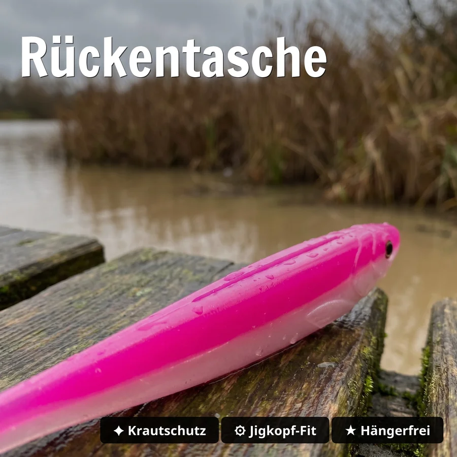 Zite Fishing Inzite Shad Pink Blush 15,5 cm Gummifisch für Hecht & Zander – 4 Stück - Rückentasche