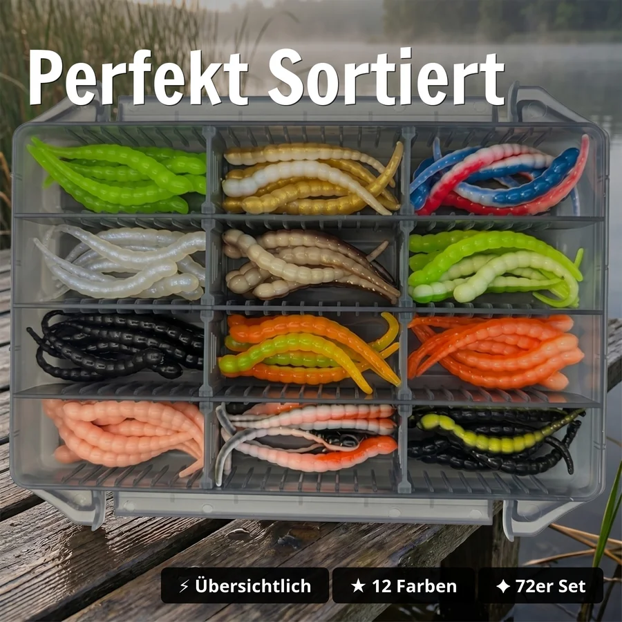 Zite Fishing Curly Viper Starterbox – 72 Forellen-Gummiköder in 12 Farben 6,5 cm Rotationsköder für Forelle - Perfekt Sortiert