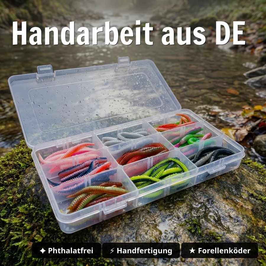 Zite Fishing Twerky Tailer Starterbox – 72 Forellen-Köder in 9 Farben 7 cm 3in1 Gummiköder Forelle - Handarbeit aus DE
