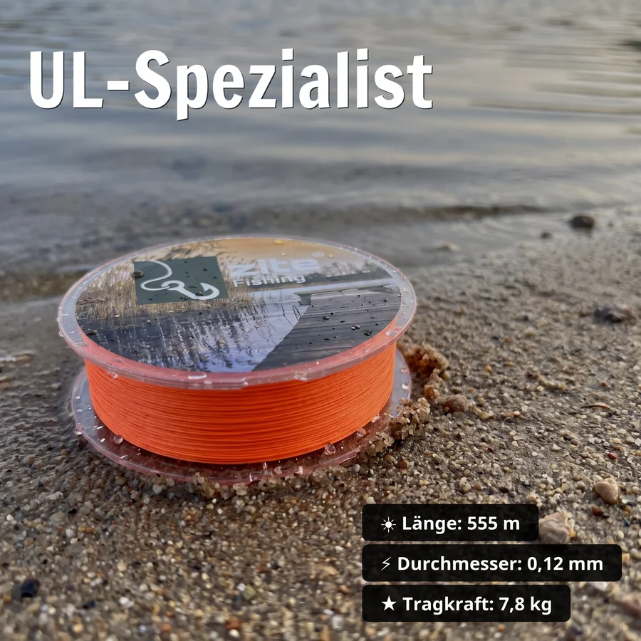Zite Fishing Geflochtene Schnur orange 555 m 0,12 mm – 8-fach geflochten, 7,8 kg Tragkraft, für Zander - UL-Spezialist