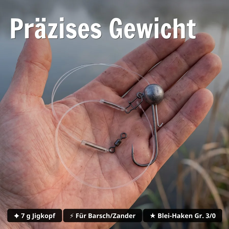 Zite Fishing Jigkopf Ready Rig 7 g – Fluorocarbon-Vorfach 0,28 mm, 40 cm, Gr. 3/0 Jighaken Barsch & Zander - Präzises Gewicht