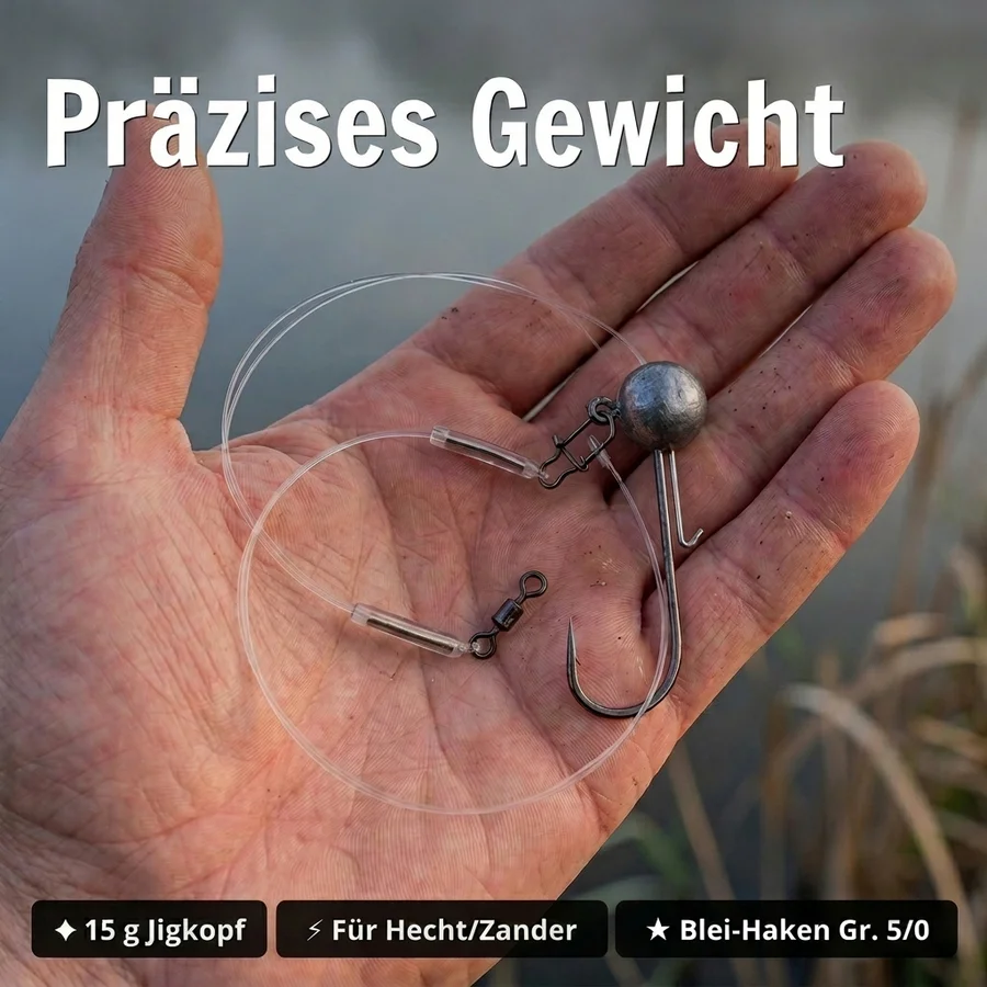 Zite Fishing Jigkopf Ready Rig 15 g Gr. 5/0 – Fertigmontage mit Fluorocarbon-Vorfach 0,35 mm 40 cm für Hecht & Zander - Präzises Gewicht