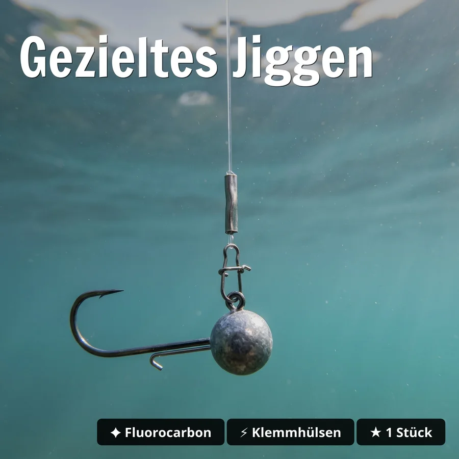 Zite Fishing Jigkopf Ready Rig 15 g Gr. 5/0 – Fertigmontage mit Fluorocarbon-Vorfach 0,35 mm 40 cm für Hecht & Zander - Gezieltes Jiggen