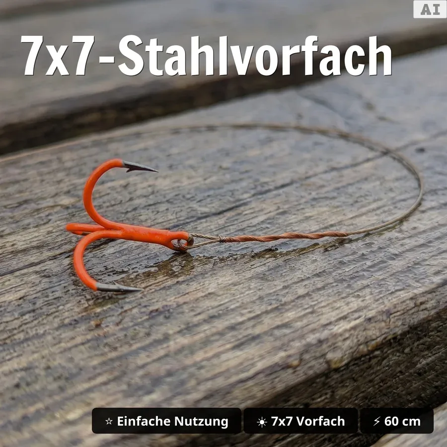 Zite Fishing Köderfisch System UV Gr. S – Stahlvorfach 60cm, Doppel-Drilling #6, 9kg Tragkraft für Hecht - 7x7-Stahlvorfach