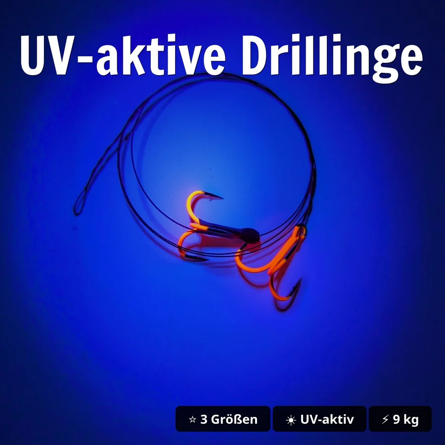 Zite Fishing Köderfisch-System UV Gr. M – Hecht Stahlvorfach 60cm, Doppel-Drilling #4, 9kg Tragkraft, Fertigmontage - UV-aktive Drillinge
