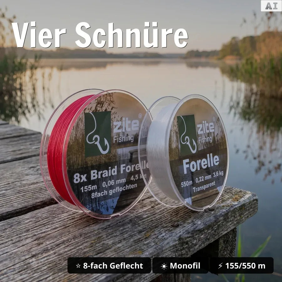 Zite Fishing XXL Troutmallows Forellenset Komplett – 2x Teleskoprute 3,30m, 2x Rolle 3000, Schnüre + Zubehör GRATIS - Vier Schnüre