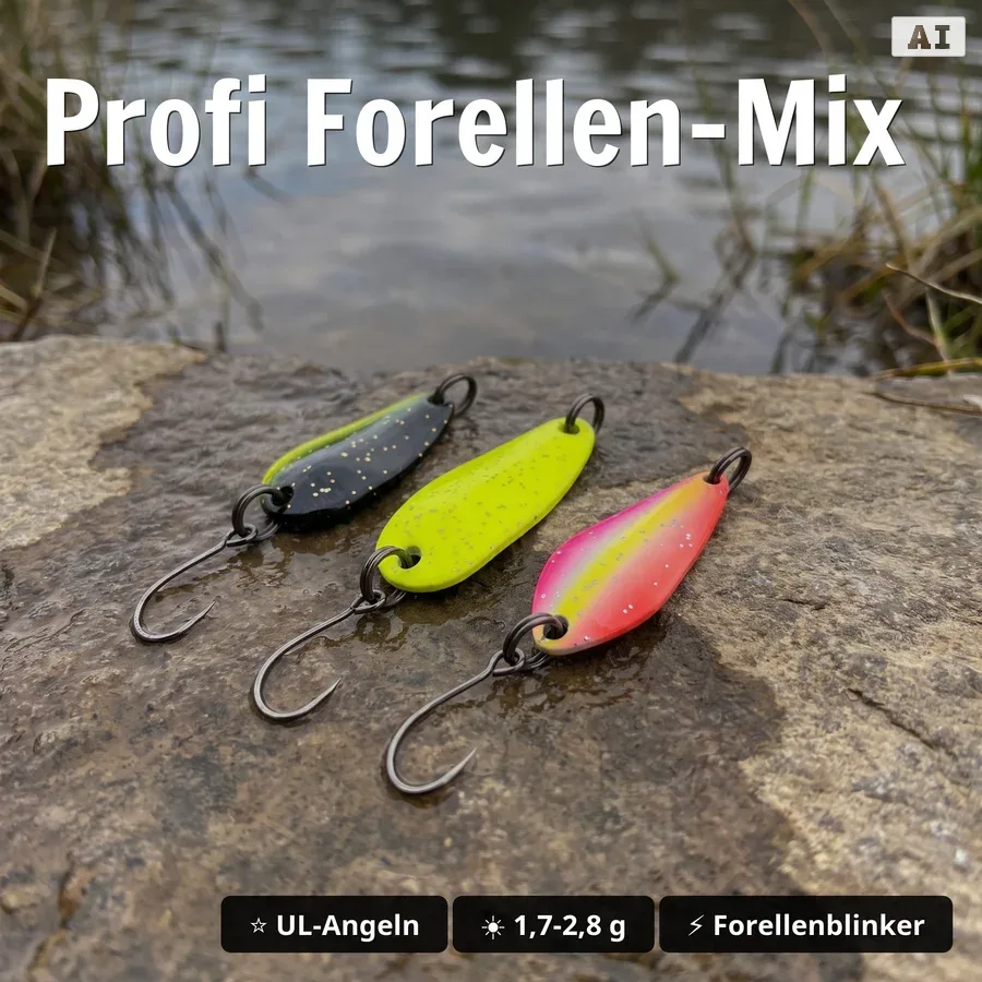 Zite Fishing Troutforce Spoon Starterset – Forellen-Spoons ZAP! BAMF! KAPOW! + Flave Boost Stick Käse GRATIS - Profi Forellen-Mix