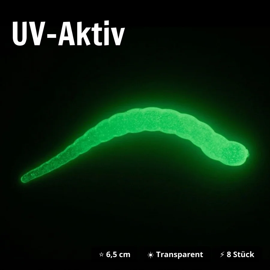 Curly Viper Glow Knoblauch 6,5 cm 8 Stück – Forellen Gummiköder UV-aktiv - UV-Aktiv