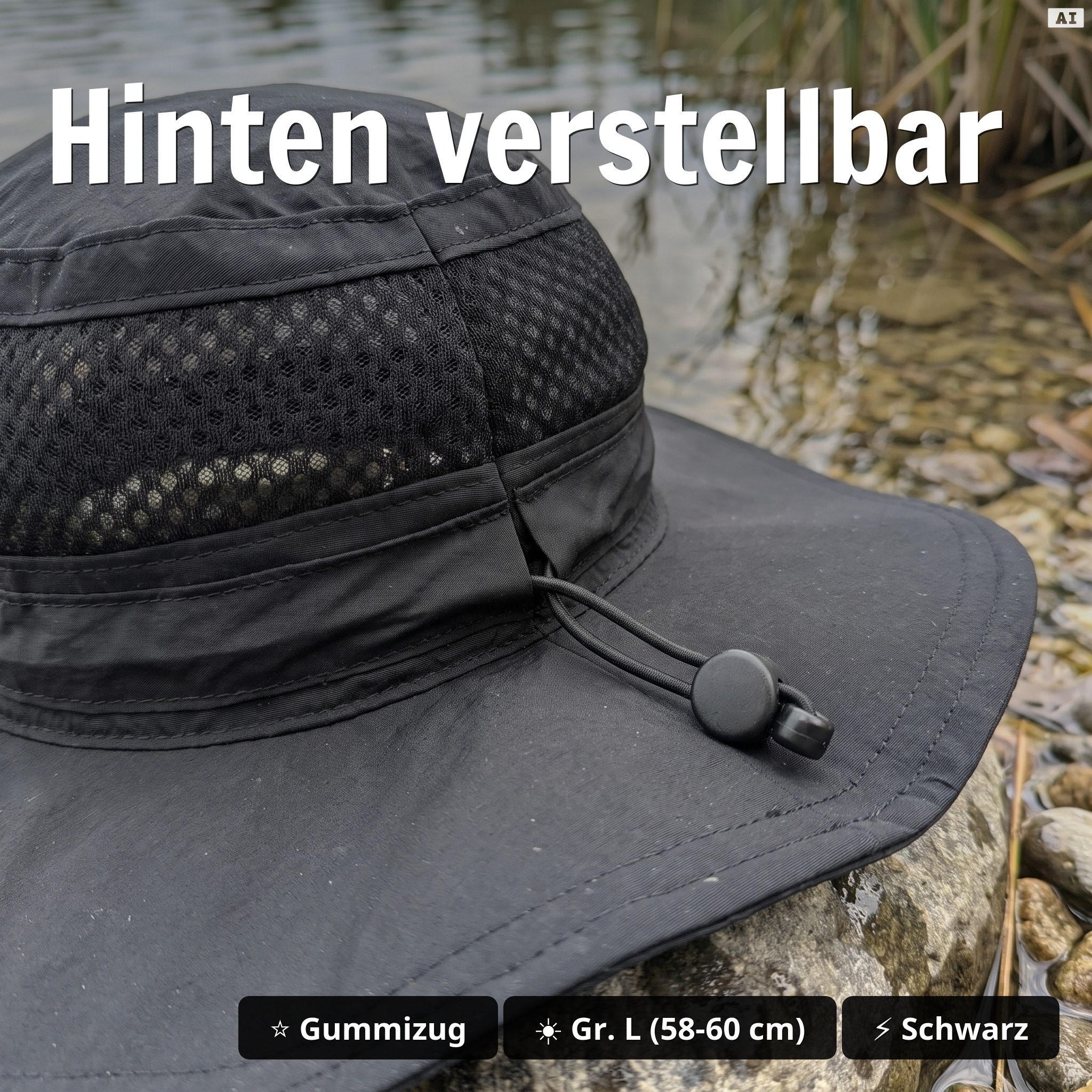 Angelhut Gr. L Schwarz - UPF 50+ Sonnenhut, atmungsaktiv, wasserabweisend, verstellbar & fixierbar - Hinten verstellbar