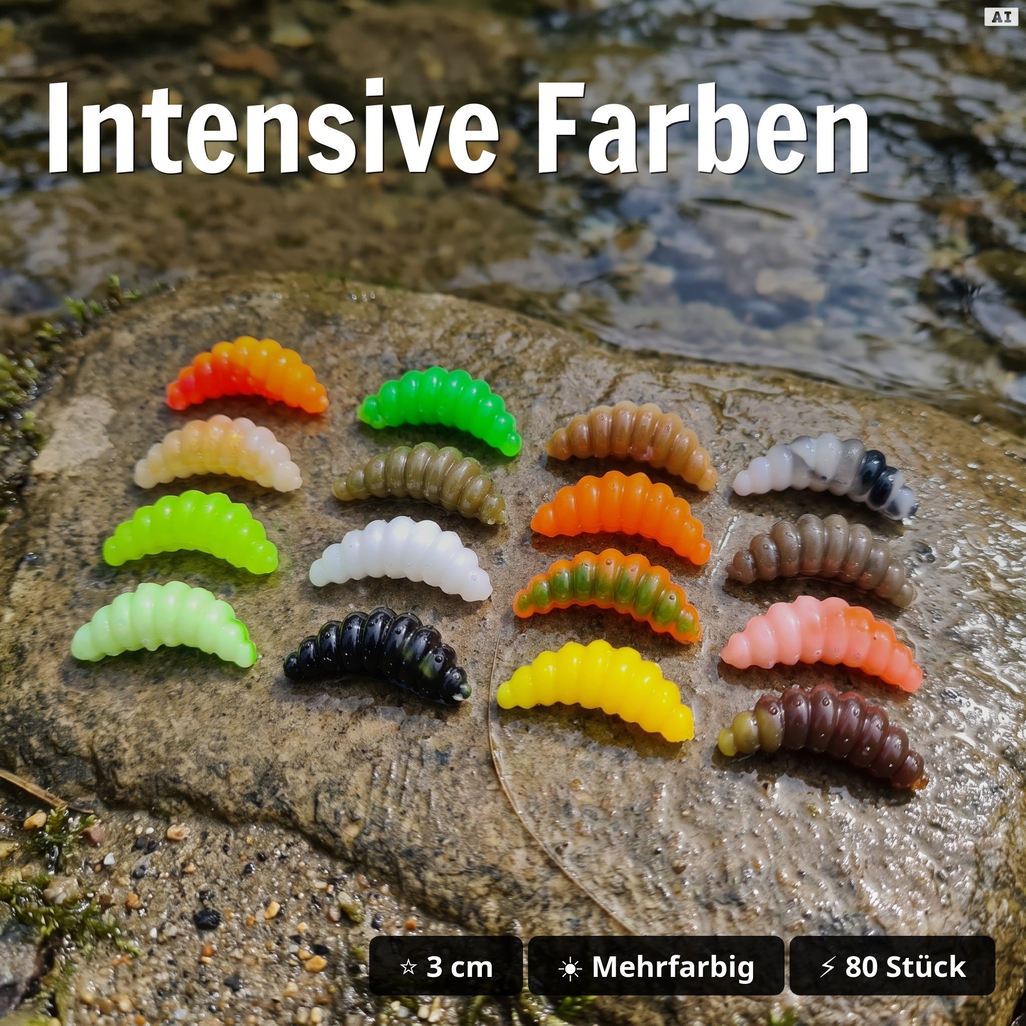 Big Mag Starterbox – 80 Forellen Gummiköder 3 cm, 16 Farben, UV-aktiv, Made in Germany - Intensive Farben