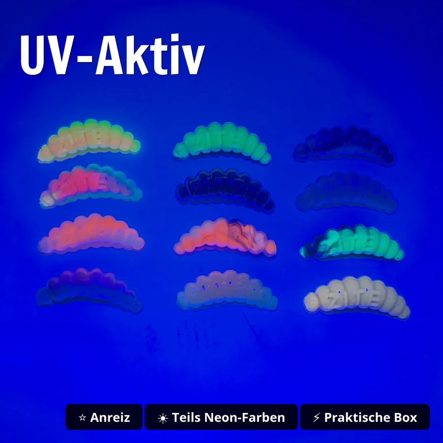 Mighty Mag Starterbox – 144 Gummiköder 2,8 cm in 12 Farben mit Tackle-Box – Forellen Köder Set - UV-Aktiv