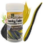 Twerky Tailer 7 cm Schwarz-Gelb Knoblauch – 8 Stück 3-in-1 Forellenköder mit Aroma